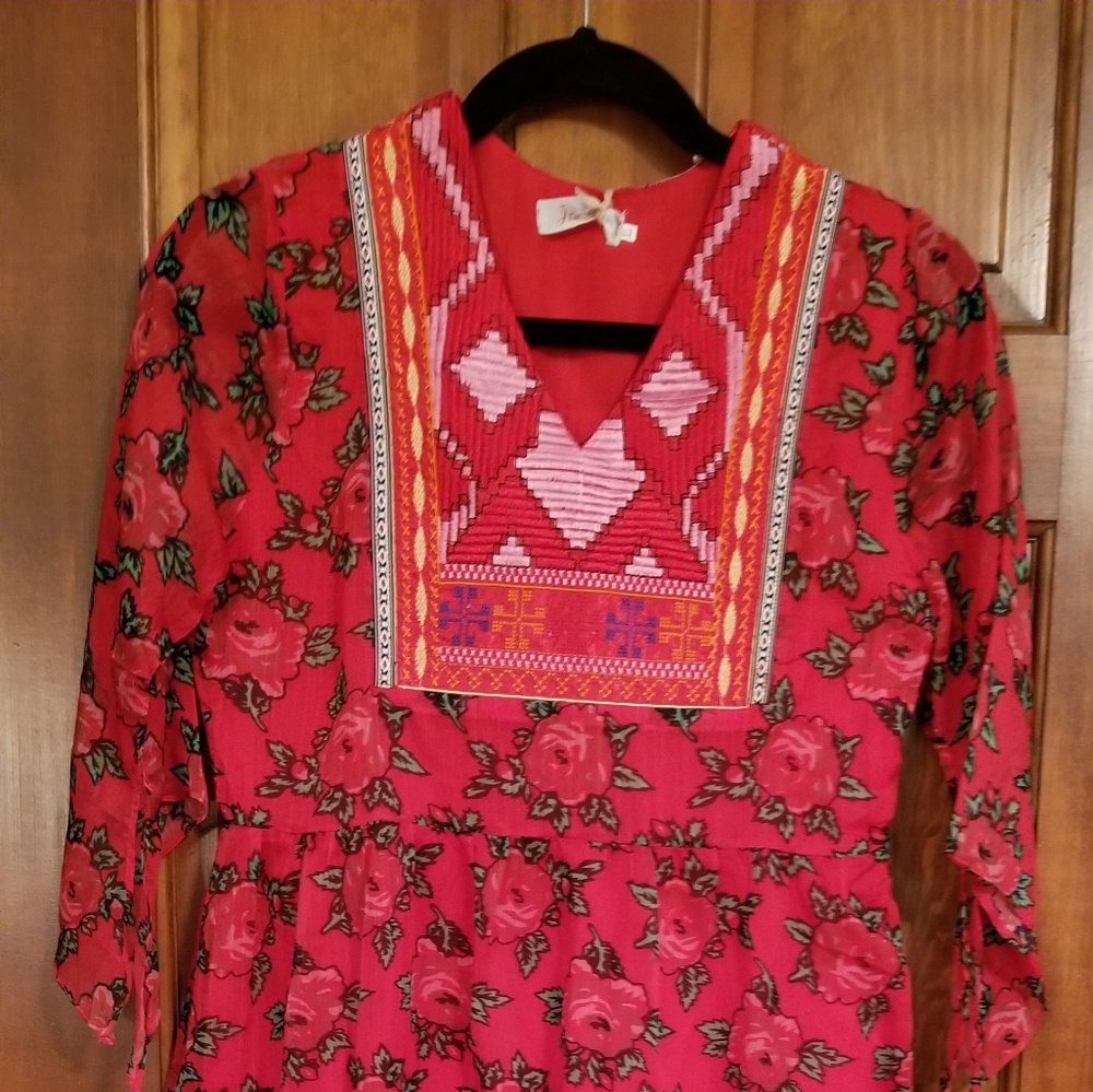 Red Chiffon printed dress with embroidery Size Med